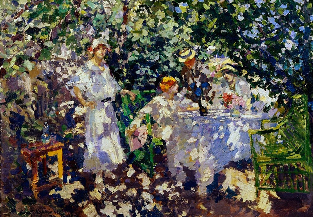 In the Garden. Gurzuf (Crimea). The scene with figures saturated with light is a favorite motif of the impressionists. In this picture, our attention is attracted not by the figures or objects, but by the vivid pattern of the colorful light and shadow spots. The faces are not distinguished from the flowers, and the green benches seem to be an extension of the leaves.