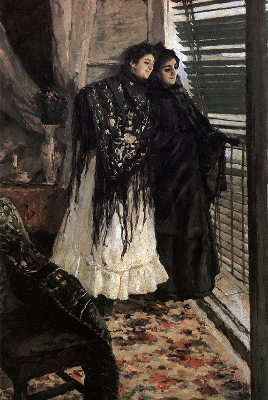 　『バルコニーで。スペイン人女性レオノーラとアンパーラ』、1889年。これはコローヴィンを代表する優れた作品の一つだ。この画家は、1900年の万国博覧会でこの作品に対し金賞を受賞した。彼はスペインで1888年にこの作品を描き始め、モスクワで1889年に完成させた。