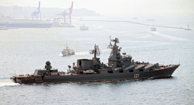 The guided missile cruiser Moskva of the Russian Black Sea fleet passes through Bosporus strait.