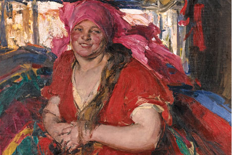 'Peasant Woman in a Red Dress' by Abram Arkhipov was the most expensive painting sold in London at this Russian Art Week.