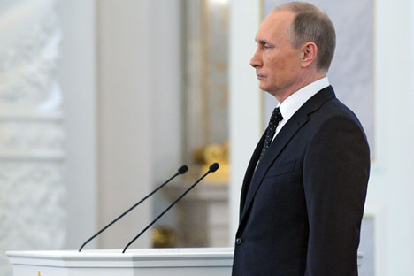 Russian President Vladimir Putin during his annual address to the Federal Assembly in St. George's Hall of the Grand Kremlin Palace in Moscow, Dec. 3, 2015.