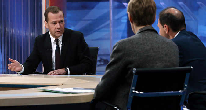 December 9, 2015. Prime Minister Dmitry Medvedev gives an interview on the work of the Russian Government to Russian television journalists in a live broadcast of the In Conversation with Dmitry Medvedev programme.