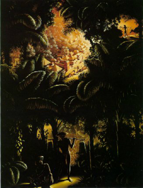 Pemandangan dari Pohn Palem (View through the Palms) (Cat minyak di atas kanvas, 1938) menggambarkan istana raksasa yang terlihat dari jarak jauh oleh seseorang yang membawa air. Lukisan ini juga dibuat saat Spies berada dalam penjara.
