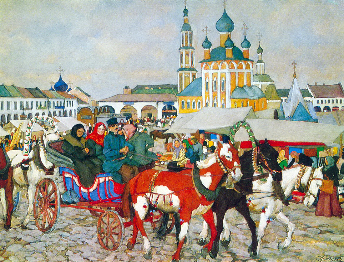 A horse-drawn troika in Uglich, Konstantin Youn, 1913.
