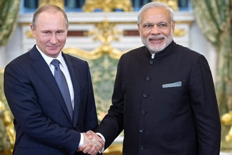 Russian President Vladimir Putin and Indian Prime Minister Narendra Modi meet in the Kremlin.