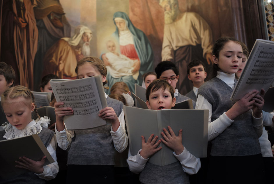 The united children's choir of the churches of Moscow and the Moscow Region during a divine liturgy at the Christ the Savior Cathedral, Moscow.