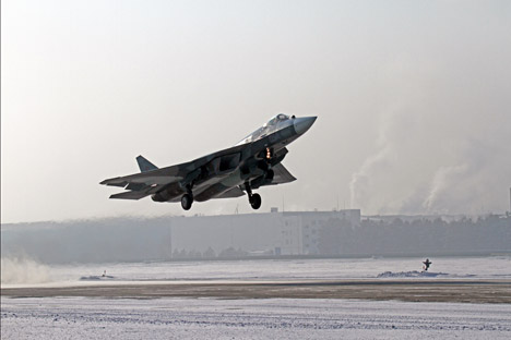 A Sukhoi PAK FA (Sukhoi T-50) during a take off, Komsomolsk-on-Amur, Jan. 17, 2013. 