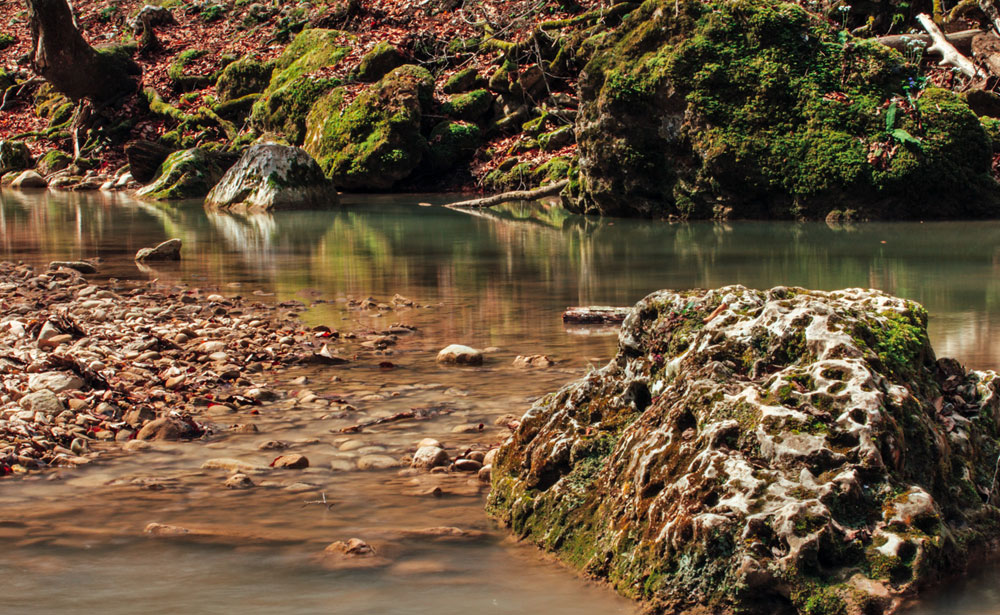 Тесниот, но богат со вода поток е опкружен со високи карпи и со ретка букова шума.