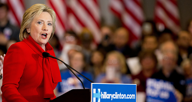 Democratic presidential candidate Hillary Clinton speaks at her caucus night rally at Drake University in Des Moines, Iowa, Monday, Feb. 1, 2016.