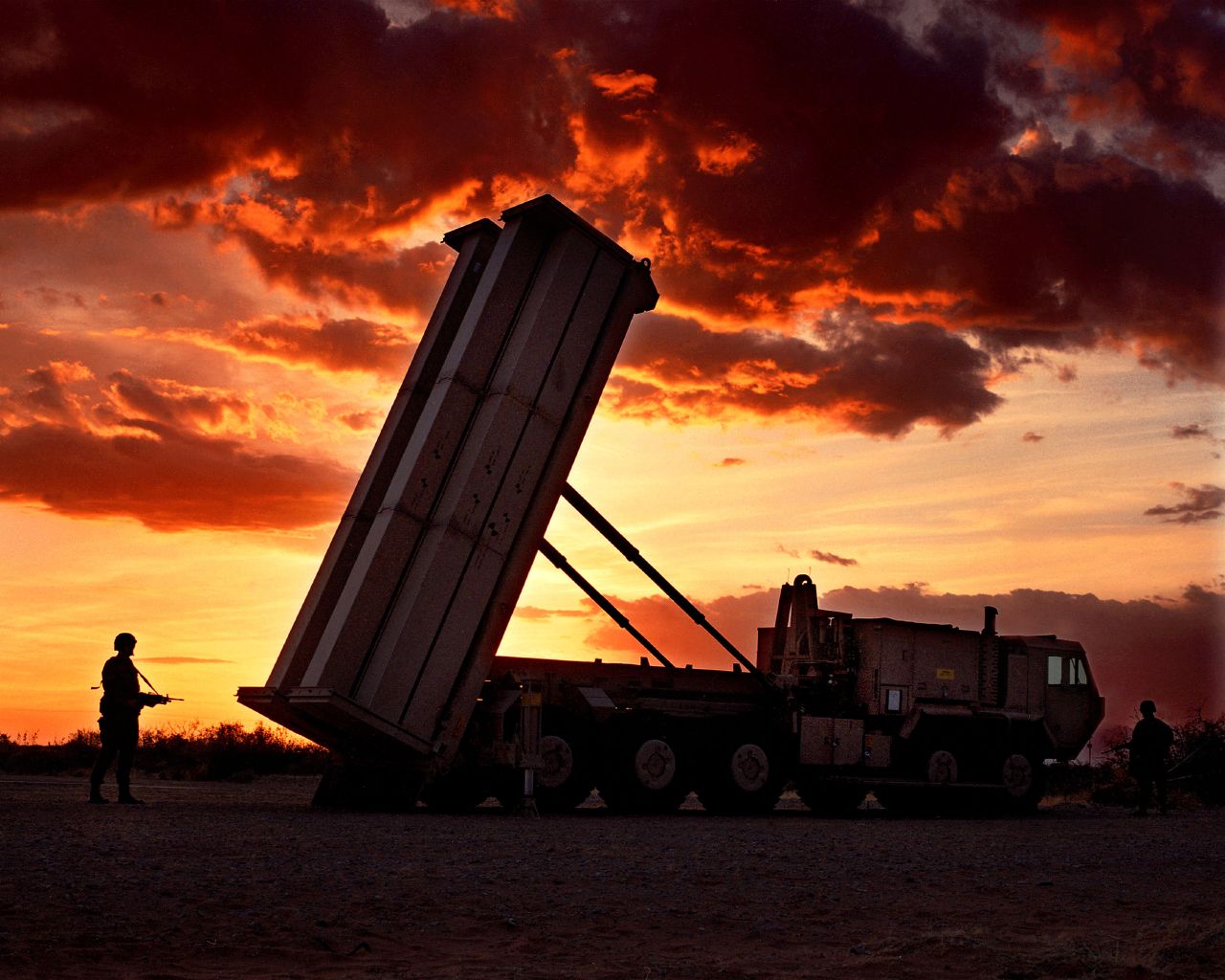 Lockheed Martin's Terminal High Altitude Area Defense (THAAD) system at sunset.