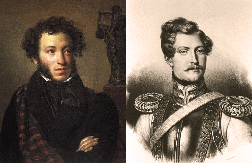 (L) - portrait of Alexander Pushkin (R) - Georges Charles d'Anthes, baron de Heeckeren, Alexander Pushkin's killer. Lithograph. All-Union A.Pushkin Museum in Leningrad (now St. Petersburg)