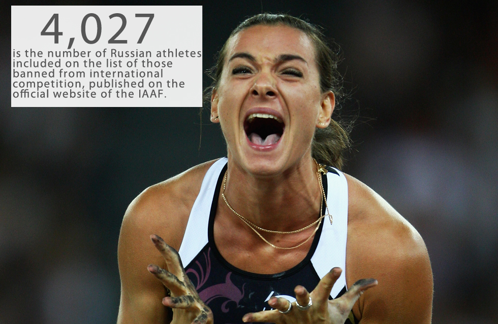 4,027 is the number of Russian athletes included on the list of those banned from international competition, published on the official website of the International Association of Athletics Federation (IAAF) on Feb. 8 .The list is based on data obtained from the World Anti-Doping Agency (WADA) and has no exemptions: Among those excluded from competition are world-famous Olympians such as two-time Olympic gold medalist and three-time world champion Yelena Isinbayeva, who is seen as the greatest female pole-vaulter in history.Background:On Nov. 9, WADA's independent commission presented a report in which it accused the Russian authorities of covering up positive doping tests of athletes.On Nov. 13, following a recommendation from WADA, the Council of the International Association of Athletics Federations (IAAF) decided to suspend Russia from the competitions under its auspices, including the Olympic Games in Rio de Janeiro in 2016.Read more: DiCaprio to play Putin? What if it were the other way around?
