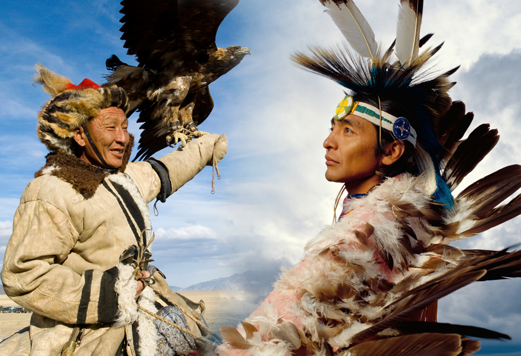 Man at the Altai Eagle Festival and Native American Indian man. Outdoor portrait profile.