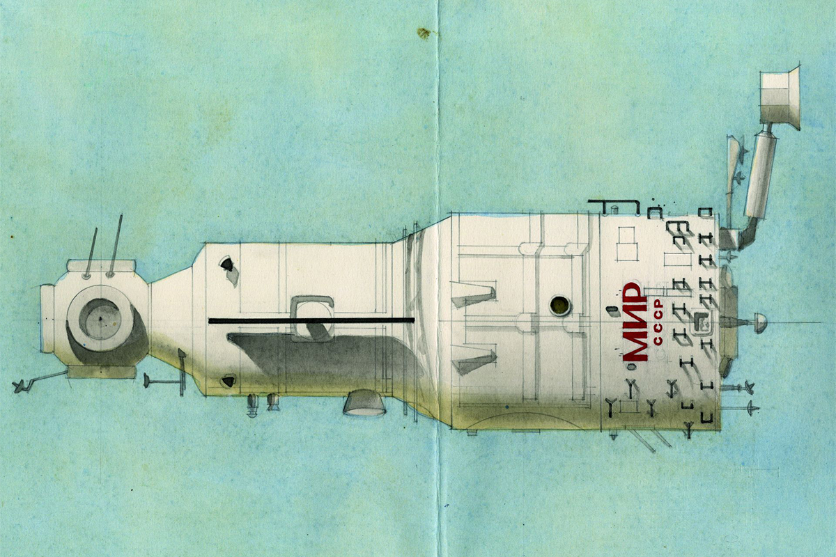 　バラショワは、まったくの前例のない白紙の状態から、技術要件を考慮に入れ、測算を行い、宇宙ステーションと宇宙船の空間をデザインしていった。／宇宙ステーション「ミール」のデザイン