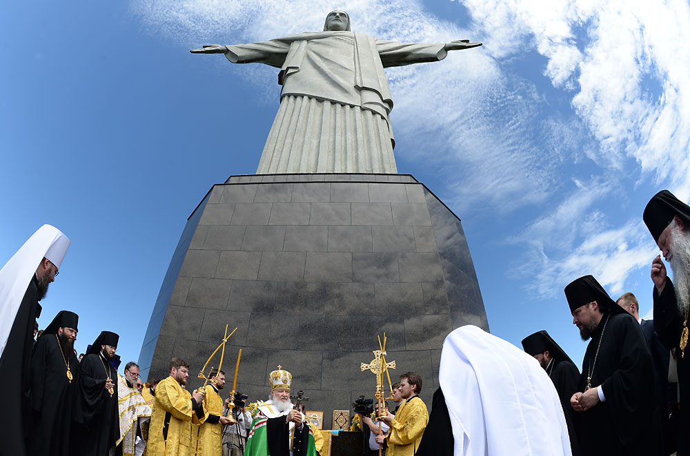 Patriarch Kirill of Moscow and All Russia, centre, at the Christ the Redeemer Statue at the peak of the Corcovado mountain in Rio de Janeiro.
