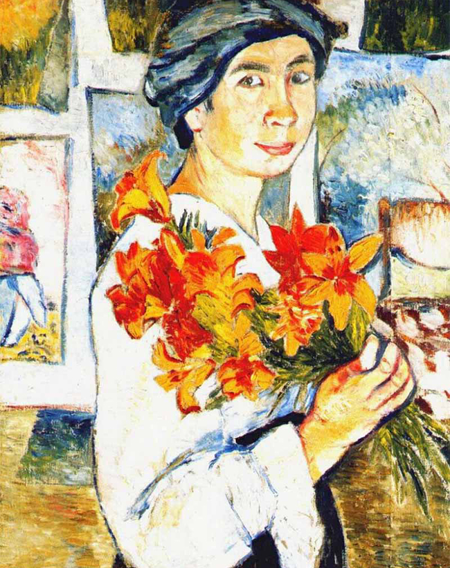 Natalia Goncharova's avant-garde paintings are the most expensive of any female artist in history. / Self-portrait with Yellow Lilies,  Natalia Goncharova, 1907. 