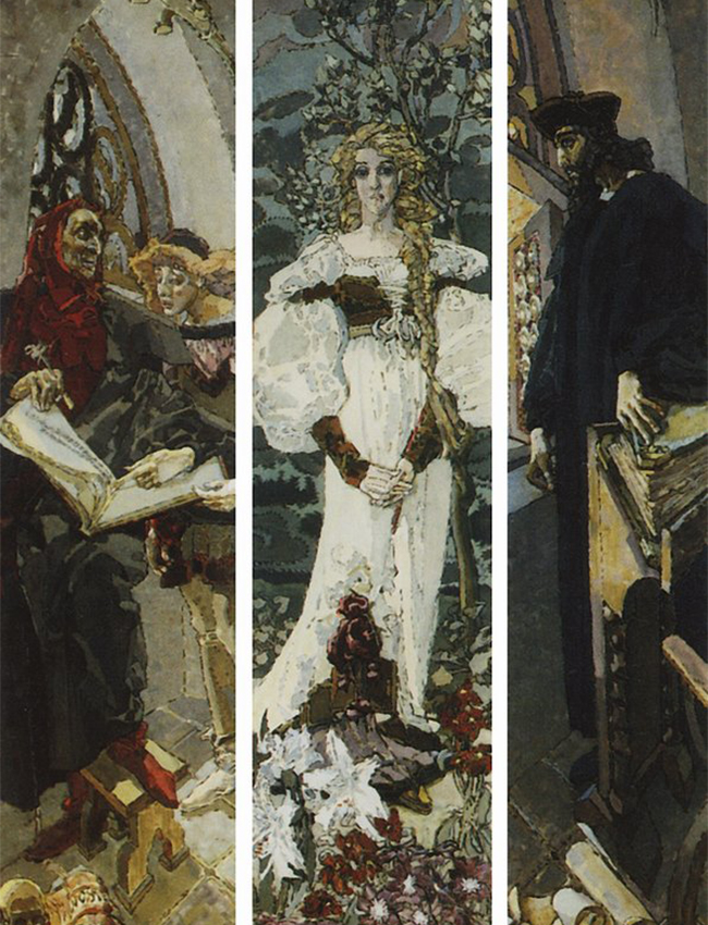 Prvi čin odigrao se osamdesetih godina devetnaestog stoljeća, kada je Vrubelj studirao na Carskoj umjetničkoj akademiji u Sankt Peterburgu i uglavnom se zanimao za bizantsku i religijsku umjetnost. / „Faust“, 1896.