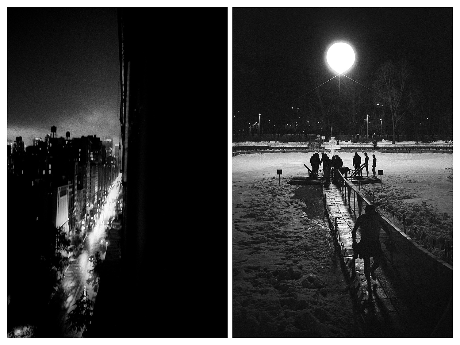 Ню Йорк – „Пето авеню“ през нощта. / Москва – Йордановден в парка „Соколники“ на Майското езеро.