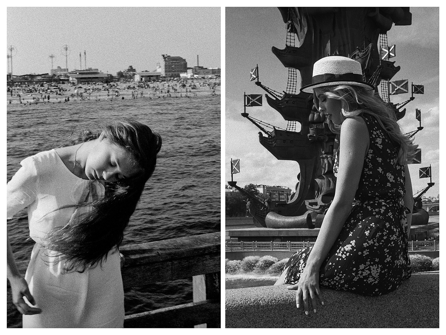 Ню Йорк – Момиче на дървен кей на плажа на Кони Айлънд. / Москва – Момиче седи на бетонната ограда срещу статуята на Петър Велики близо до р. „Москва“.