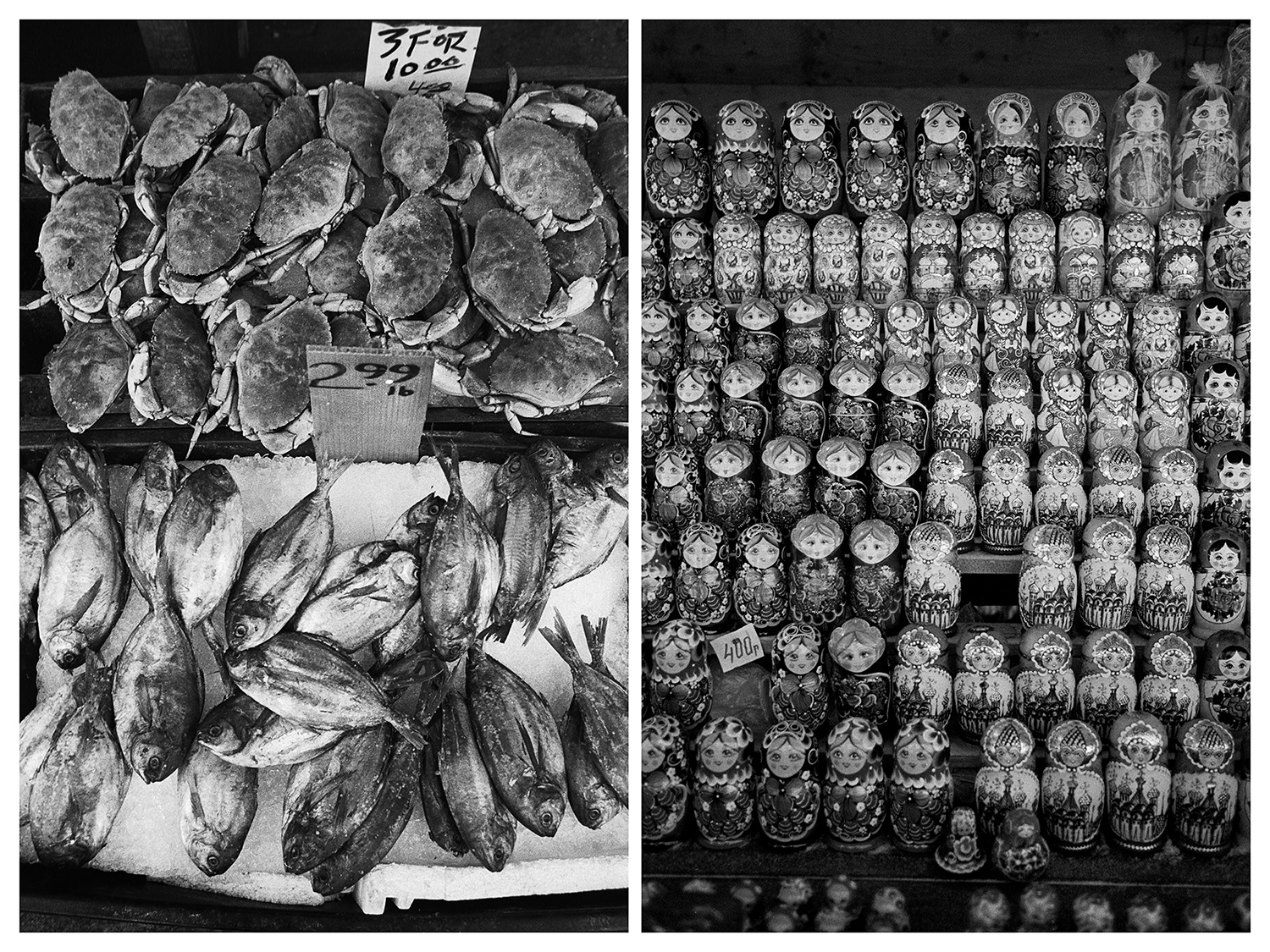 Ню Йорк – Щанд, обсипан с риба и раци в Чайнатаун. / Москва – Щанд, отрупан с матрьошки на Измайловския пазар.