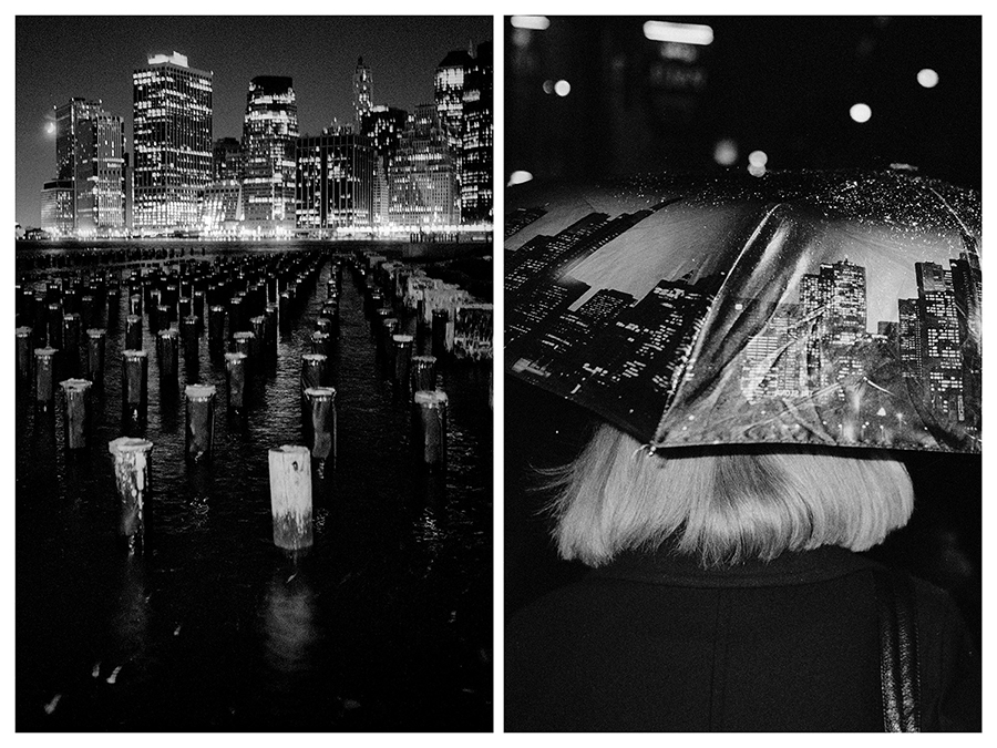 Ню Йорк – Изглед на Манхатън през нощта от Бруклин. / Москва – Жена се крие от снега под чадър, покрит с изображения на небостъргачи.