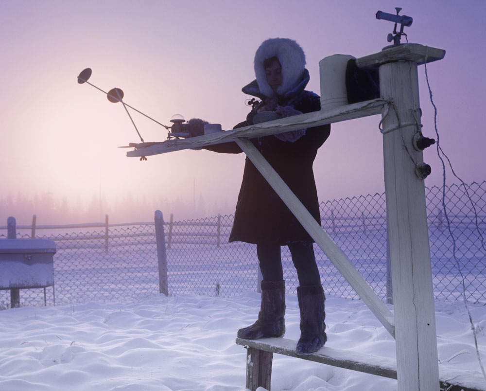 With its vast territory Russia always needs to be on top of the weather. Therefore, Russian meteorologists celebrate World Meteorological Day with a deserved sense of self-worth.  // Meteorologist Ludmila Furseva measures solar radiation at the weather station in Verkhoyansk, Yakutia. With its record low of −69.8 °C (-93.6ºF), Verkhoyansk is one of the places considered as the northern Pole of Cold. 