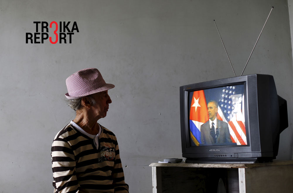A man watches on television as U.S. President Barack Obama delivers a speech at the Gran Teatro de la Habana Alicia Alonso in Havana, March 22, 2016. 