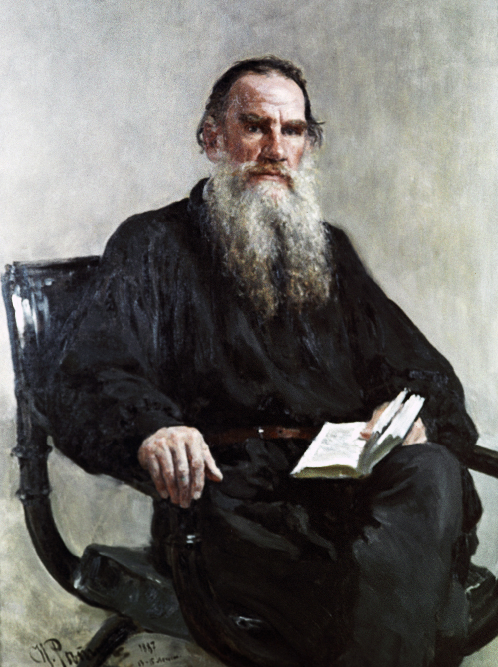 A copy of the portrait of Leo Tolstoy by Ilya Repin from the collection of the State Pushkin Fine Arts Museum.