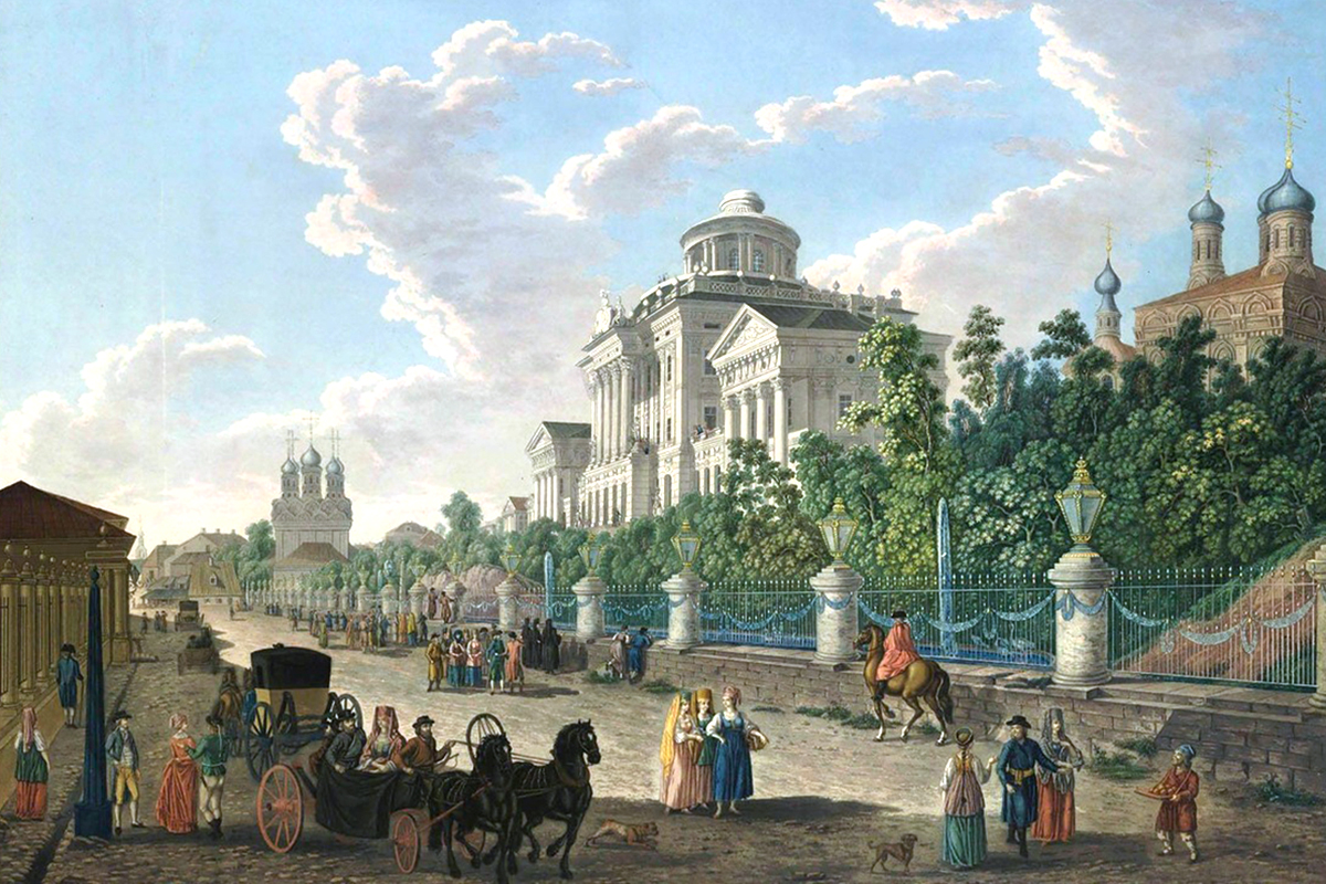 Esta série de pinturas em aquarela retrata Moscou no final do século 18, sob o tsar Pável 1°. A obra acima mostra a Rua Mokhovaia e a Casa Pashkov . A casa manteve seu nome e continua de pé. Ela foi construída em estilo clássico pelo membro da nobreza Piotr Pashkov. 