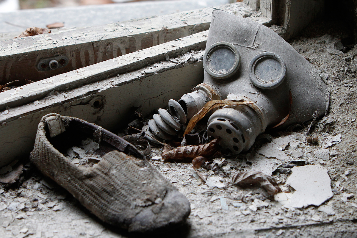 A child's gas mask and shoe can be seen at a kindergarten in Prypiat. On April 26, 1886 children went to school as usual.
