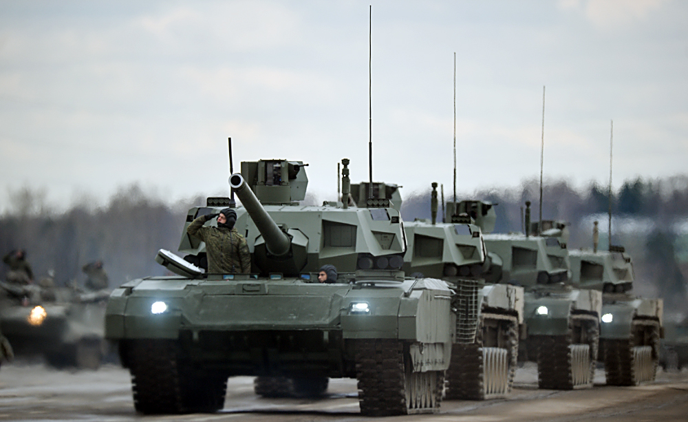 Tanks "Armata" of the mechanized columns of the Central Military District's Moscow Garrison during the rehearsal of the military parade to mark the 71st Anniversary of the Victory in the Great Patriotic War, at the Alabino training ground, Moscow Region.