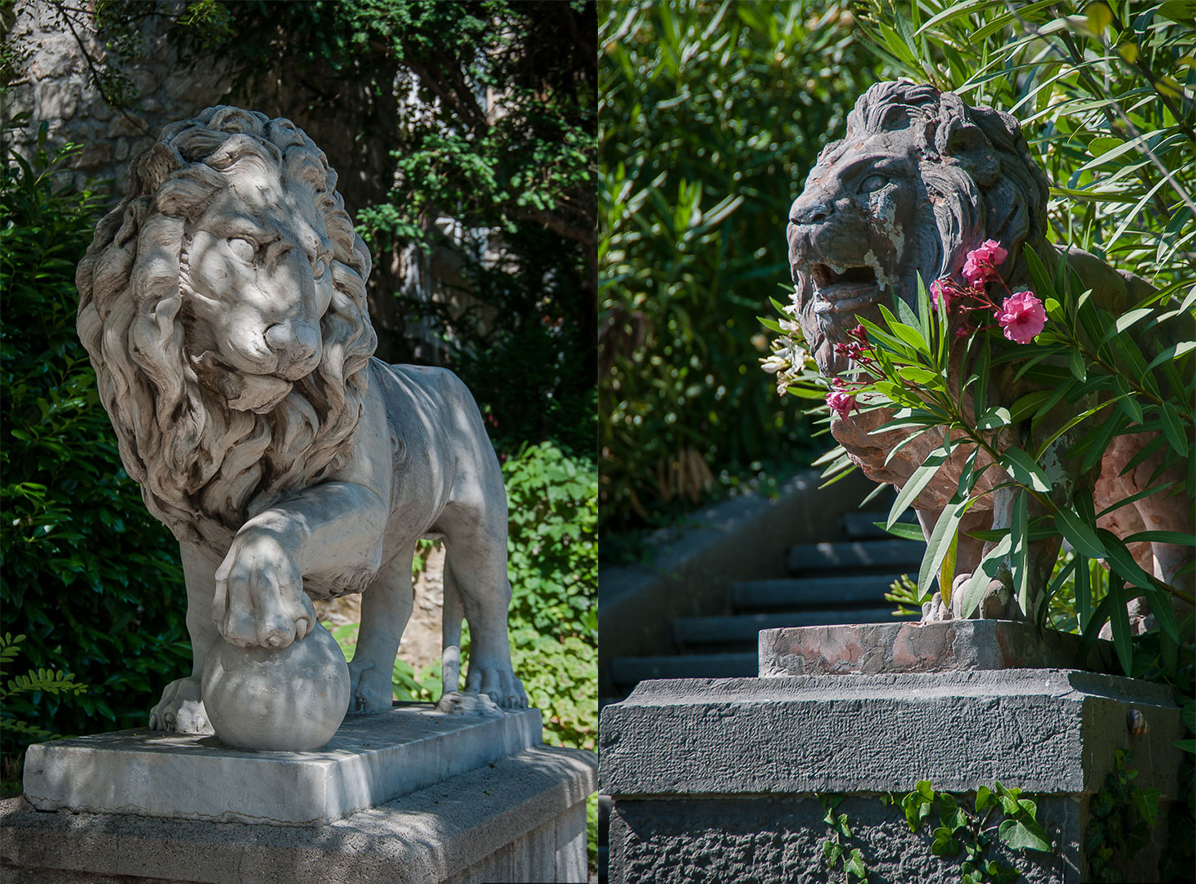 Sculptures of lions, marble mythological characters of ancient Greece were brought from Venice. 