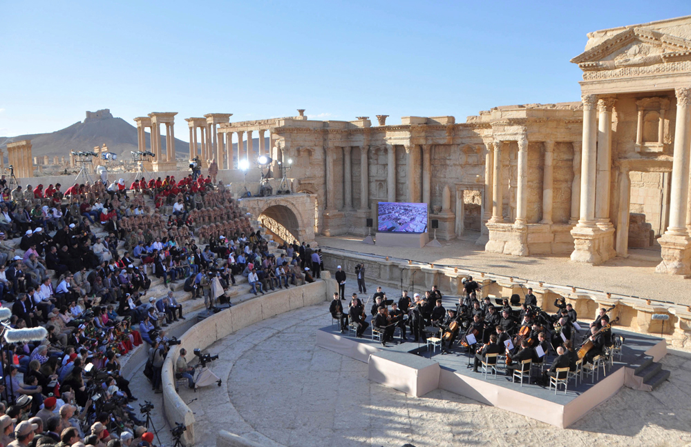Russia's Mariinsky Theater performs at the amphitheatre of the Syrian city of Palmyra, Syria in this handout picture provided by SANA on May 5, 2016.