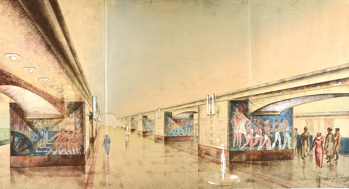 Претставените творби секако се значајни како архитектонски нацрти на метро-станиците, но се и важно сведоштво за развојот на советското техничко цртање. / Д. Чечулин. Проект на метро-станицата „Охотни рјад“. 1934.