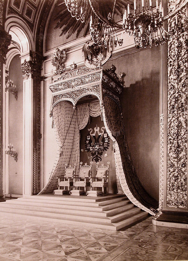 View of the throne in Andreevsky Hall in the Grand Kremlin Palace.