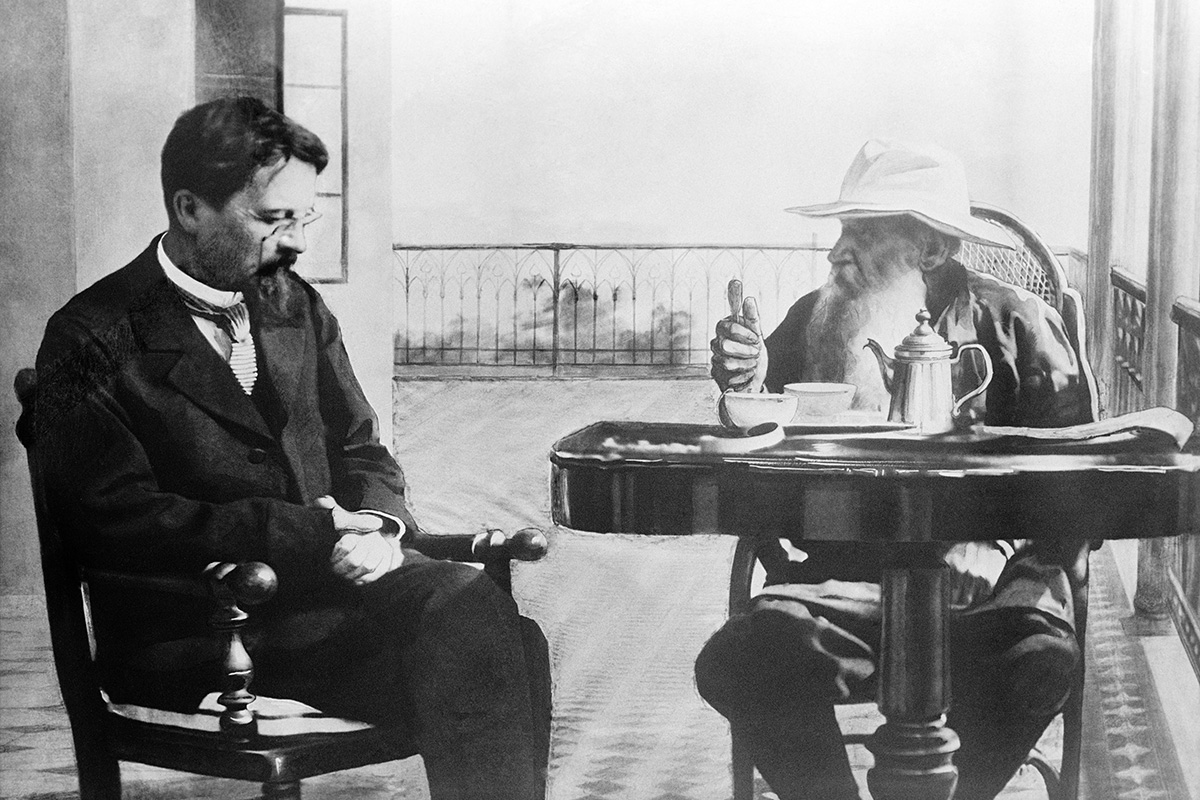 During his stay Tolstoy welcomed many friends, among them were the famous writers Chekhov, Gorky, and Korolenko. / Anton Chekhov and Leo Tolstoy drinking tea at the balcony in Gaspra, Crimea.