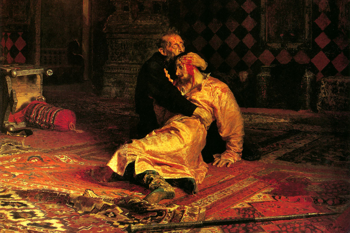 Иван Грозни и синът му Иван (на 16 ноември 1581 г.), 1885 година. В повечето случаи това историческо събитие се нарича просто „Иван Грозни убива сина си“. Картината, която изобразява този трагичен инцидент, е забранена от Цар Александър III, а Третяков излага платното в отделна частна стая, където я показва само на подбрани гости.