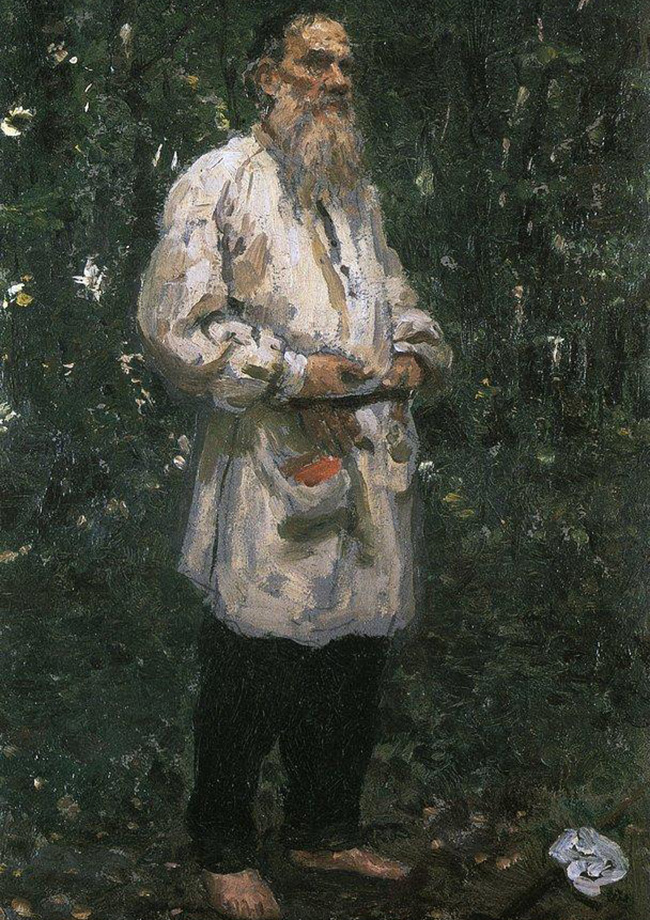　裸足のレフ・トルストイ、1901年。ロシア史上最も偉大なロシア人作家だと主張する人もいるほどのレフ・トルストイは、画家のイリヤ・レーピンとの交際があった。この画家はよくトルストイの住居であるヤースナヤ・ポリャーナに滞在し、ギャラリー中に展示できるほどの数におよぶトルストイの肖像画を残した。1901年に描かれたこの作品では、トルストイが裸足で森の中に立っている。そこに描かれたトルストイの姿には、彼が禁欲的で質素な生活を送り、民衆と共に生活することを目指していた時期の彼の精神的彷徨が反映されている。