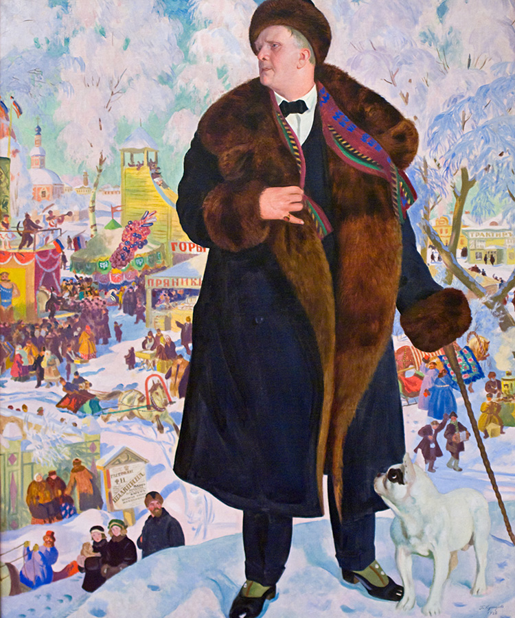 Портрет на Фьодор Шаляпин, 1921 година. Този портрет на известния оперен певец Фьодор Шаляпин е наистина шедьовър. Художникът Борис Кустодиев вижда у певеца велик мъж и интригуваща личност, което намира израз в творбата.