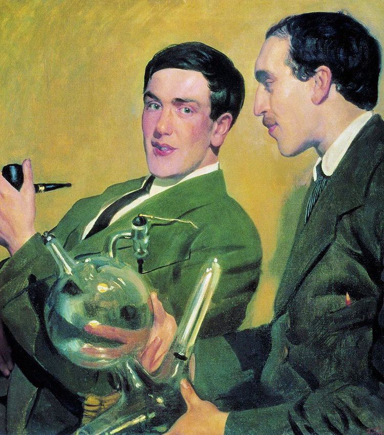 Portrait of Peter Kapitza and Nikolai Semyonov. In 1921 Boris Kustodiev painted two young men, Nikolai Semenov and Petr Kapitsa, who could not pay with money and so gave Kustodiev a cock and two bags of flour. After many years, they were awarded the 1956 Nobel prize in Chemistry.