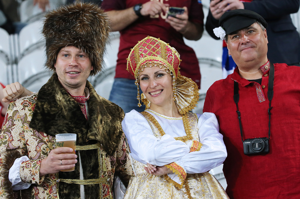 Russian fans wearing traditional costume look on before a 2016 UEFA European Championship Group Stage football match between Russia and Slovakia at Stade Pierre Mauroy.