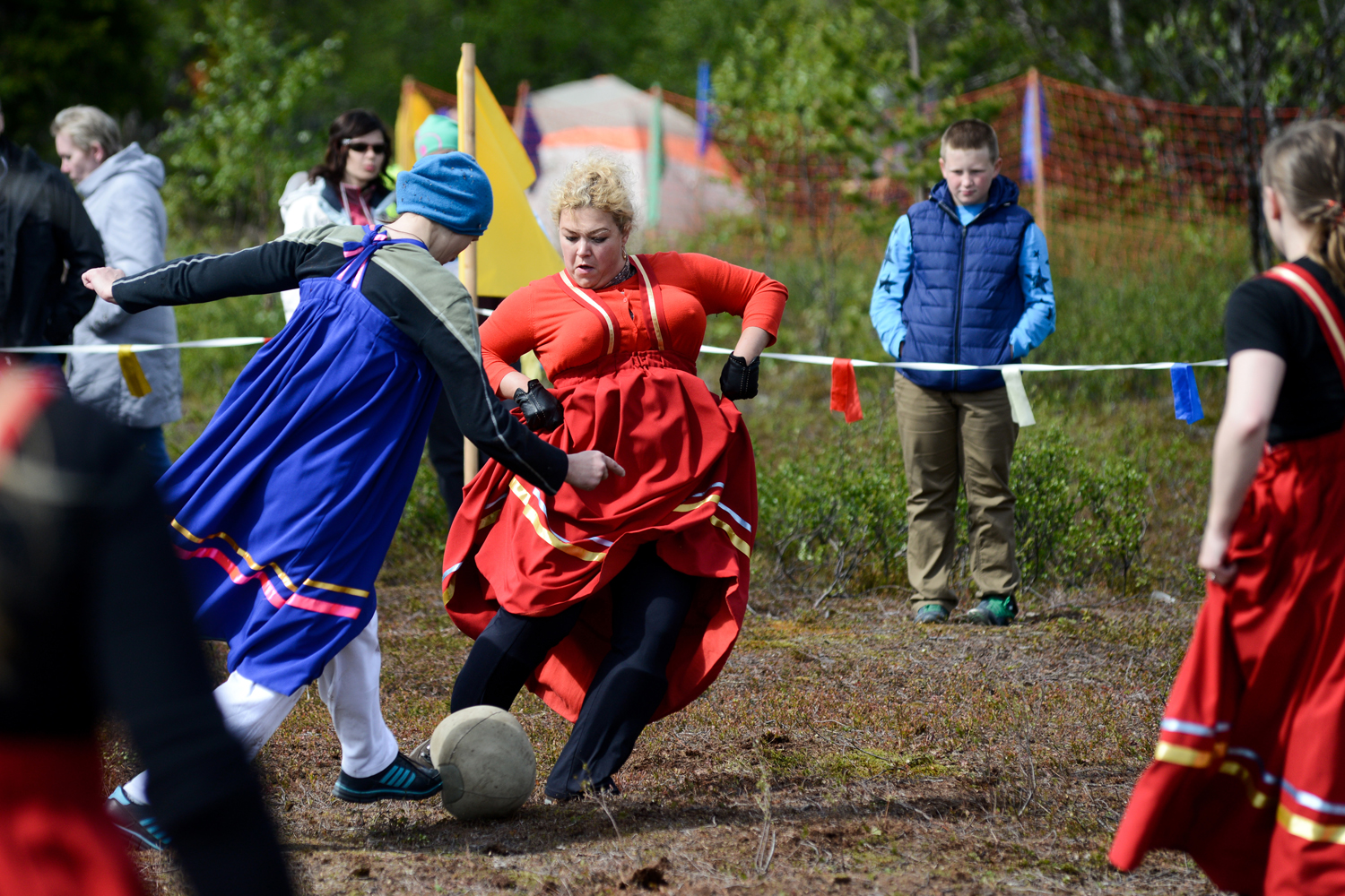 And whereas in normal soccer the goalkeeper can cover the ball with their body, in Saami football the goalkeeper protects the ball by covering it with the hem of the skirt.