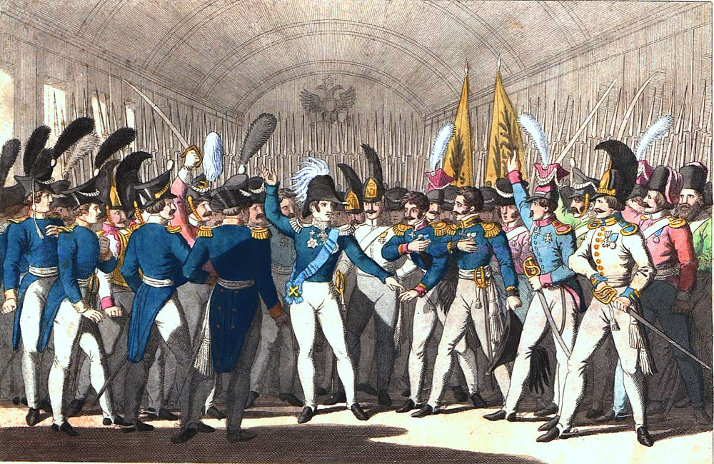 Колико је Николај I био противник револуција осетило се и у Европи. Његовим одлучним војним акцијама угушене су побуне у Пољској (1830) и Мађарској (1848-1849), због чега су појединци доживљавали Русију као жандарма Европе. // Николај I објављује да је избио устанак у Пољској. Аутор слике је Георг Бенедикт Вундер.