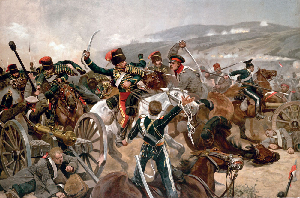 After three years of heavy fighting, including the famous siege of Sevastopol, Russia was forced to surrender and give up its Black Sea fleet. // The battle of Balaklava (Crimea). The Relief of the Light Brigade, 25 October 1854. A painting by Richard Caton Woodville