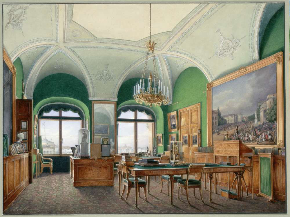 Espacioso estudio de Nicolás I en el Palacio del Invierno en San Petersburgo. Pintura de Eduard Gau.