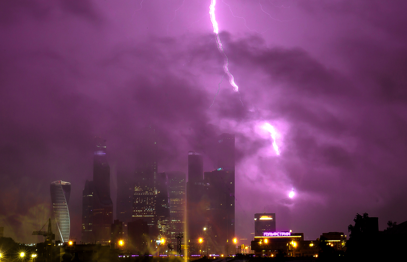 Lightning over the Moscow-City International Business Center