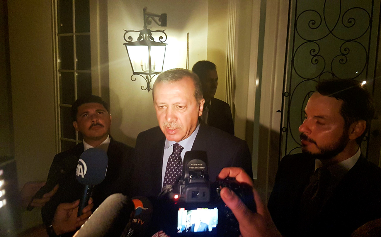 Turkish President Tayyip Erdogan speaks to media in the resort town of Marmaris, Turkey, July 15, 2016.