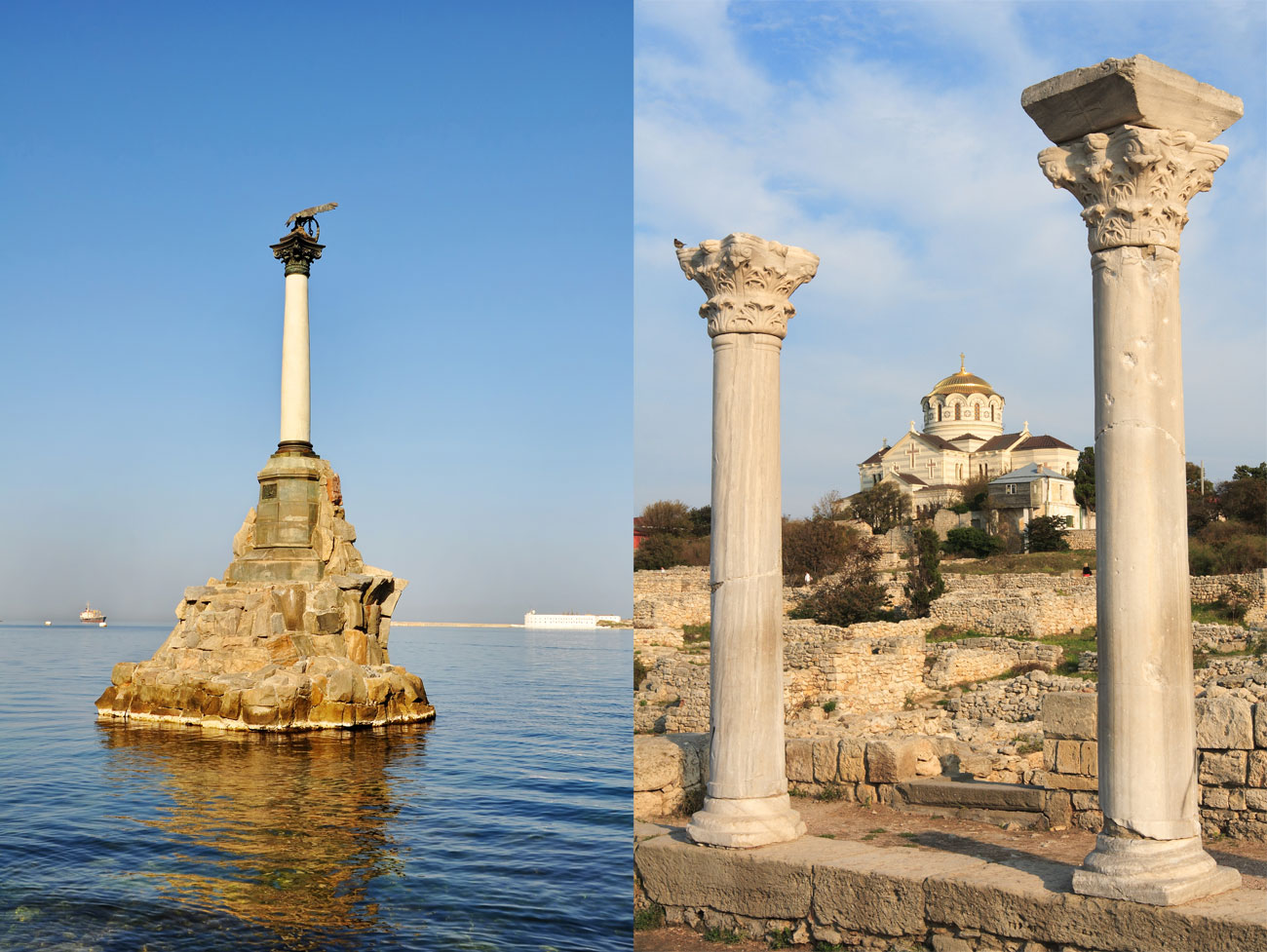 Севастопол в Крим, люлката на руския Черноморски флот, има дълга и бурна история. Основните му символи са паметник на потъналите кораби и техните руини в древния град Херсонесос.