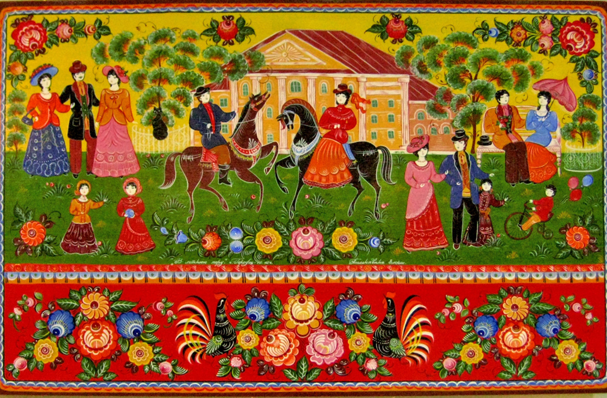 Gorodets artists traditionally paint genre scenes (merrymaking, tea drinking, the famous Gorodets horse with a horseman, and folk festivities), decorative images of birds and animals (roosters, horses, lions, leopards, etc.) and flower patterns.