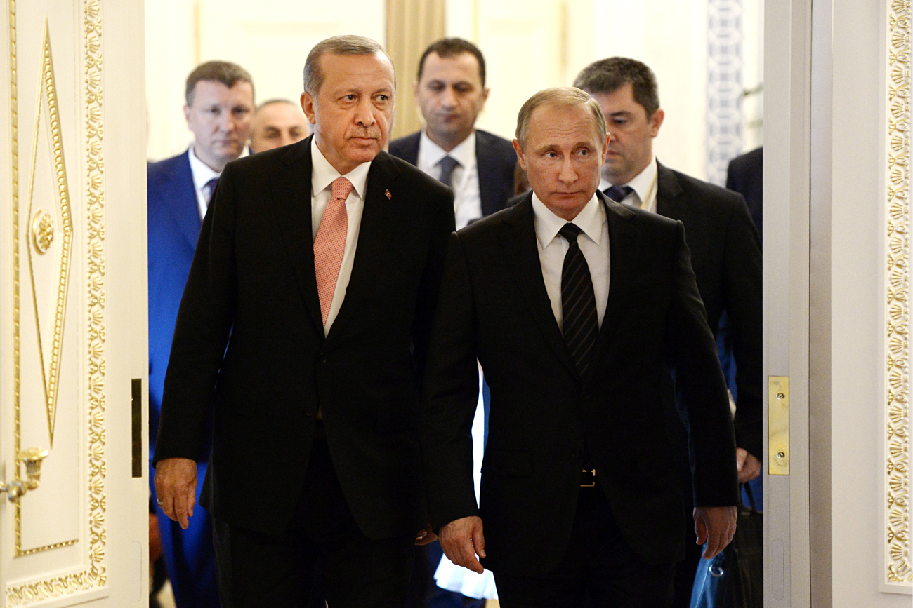 ST PETERSBURG, RUSSIA - AUGUST 9, 2016: Turkey's president Recep Erdogan (L) and Russia's president Vladimir Putin meet for talks.